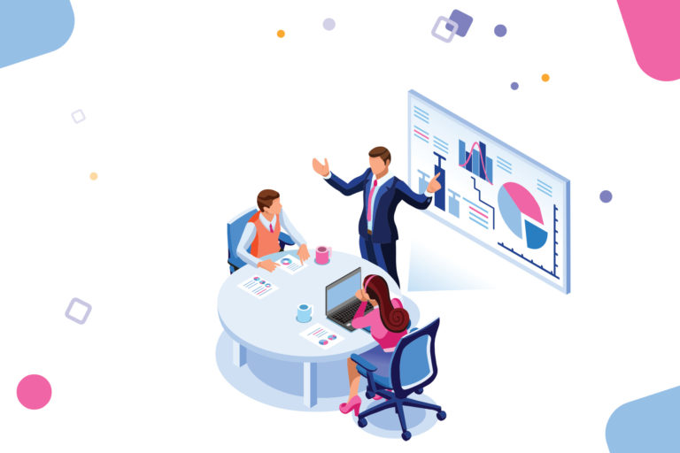 Project management and financial report strategy. Consulting team. Collaboration concept with collaborative people. Isometric business analysis planning. Flat isometric characters vector illustration.